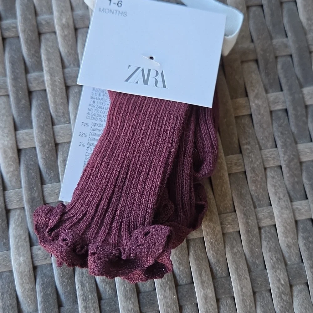Nwt! Zara Kids Baby Girl Lace Trim Knee High Socks Burgundy